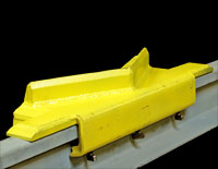 4014-09-S Derails - Portable 
SaberTooth Two-Way Derail
Derail includes blue sign and holder. For rail sizes 100-136 lbs./yd. Tie spacing: 19in-24in on centers. Install derail on wooden ties only. Wt. 50 lbs.