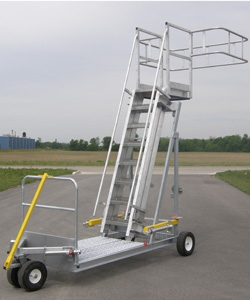 MLP-14P Mobile Loading Platform 
14' Truck Mobile Loading Parallel Access Platform
Rolling Base 4' x 6' with 4-16" pneumatic tires
3 Rail 4' x 6' x 42" Aluminum Safety Cage
Adjustable stair10'-0" to 14'-0"